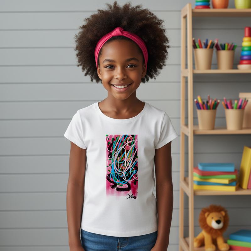 Bring vibrant abstract art to life with this Colors t-shirt by Chloe. Dynamic design with playful lines in pink, blue, green, and black. Modern wearable art.