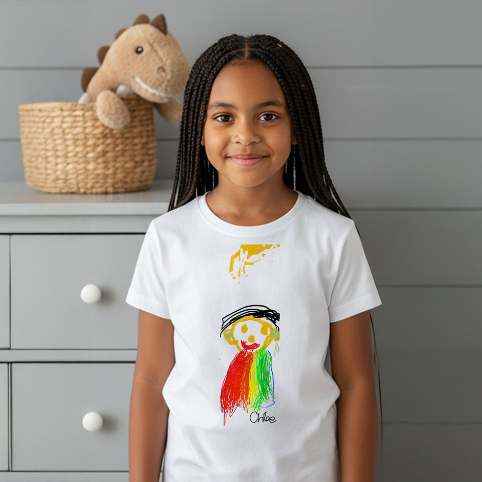 Brighten your day with this vibrant Girl in the Sun t-shirt featuring cheerful artwork by young artist Chloe. Playful design with red, orange, yellow, and green colors perfect for expressing joy and creativity.