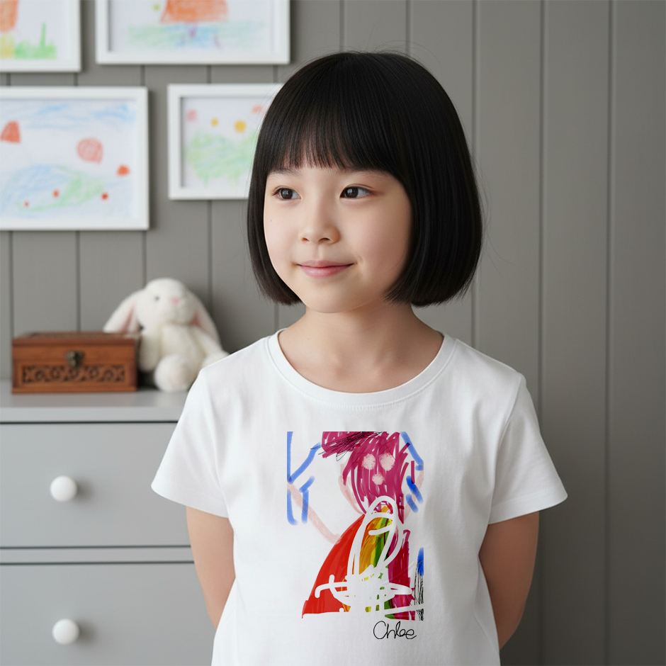 Young girl wearing a white t-shirt with colorful design in a room with gray walls and framed pictures.