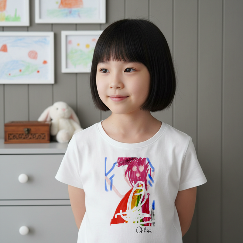 Young girl wearing a white t-shirt with colorful design in a room with gray walls and framed pictures.